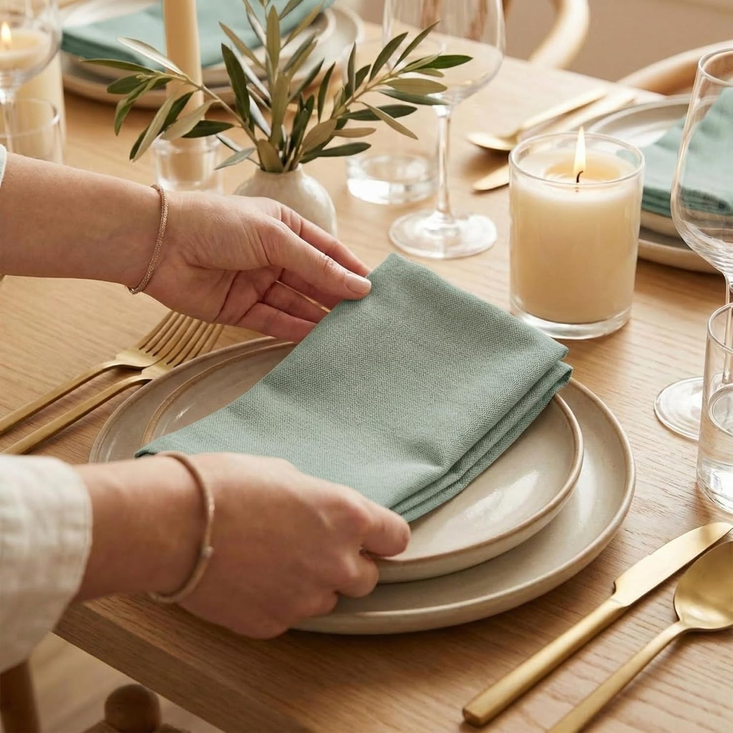 ACCENTHOME Natural Cotton Linen Napkin Set of 12 18x18 inch Dinner Napkins - Washable Soft Premium Hotel Quality Reusable Hemmed Edges Napkins Perfect Table Linens for Family Dinners, Weddings