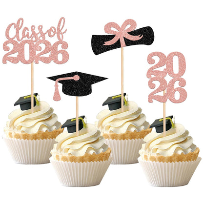36 PCS 2026 Graduation Theme Cupcake Toppers Glitter Class of 2026 Grad Cap Diploma Cupcake Picks 2026 Graduation Theme Party Cake Decorations Supplies Deep Blue