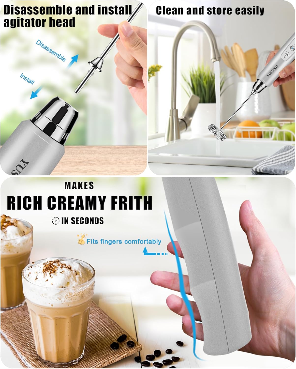 YUSWKO Black Handheld Milk Frother Wand for Coffee, Rechargeable Electric Whisk with 3 Heads 3 Speeds Drink Mixer Coffee Frother For Latte, Cappuccino, Hot Chocolate, Egg