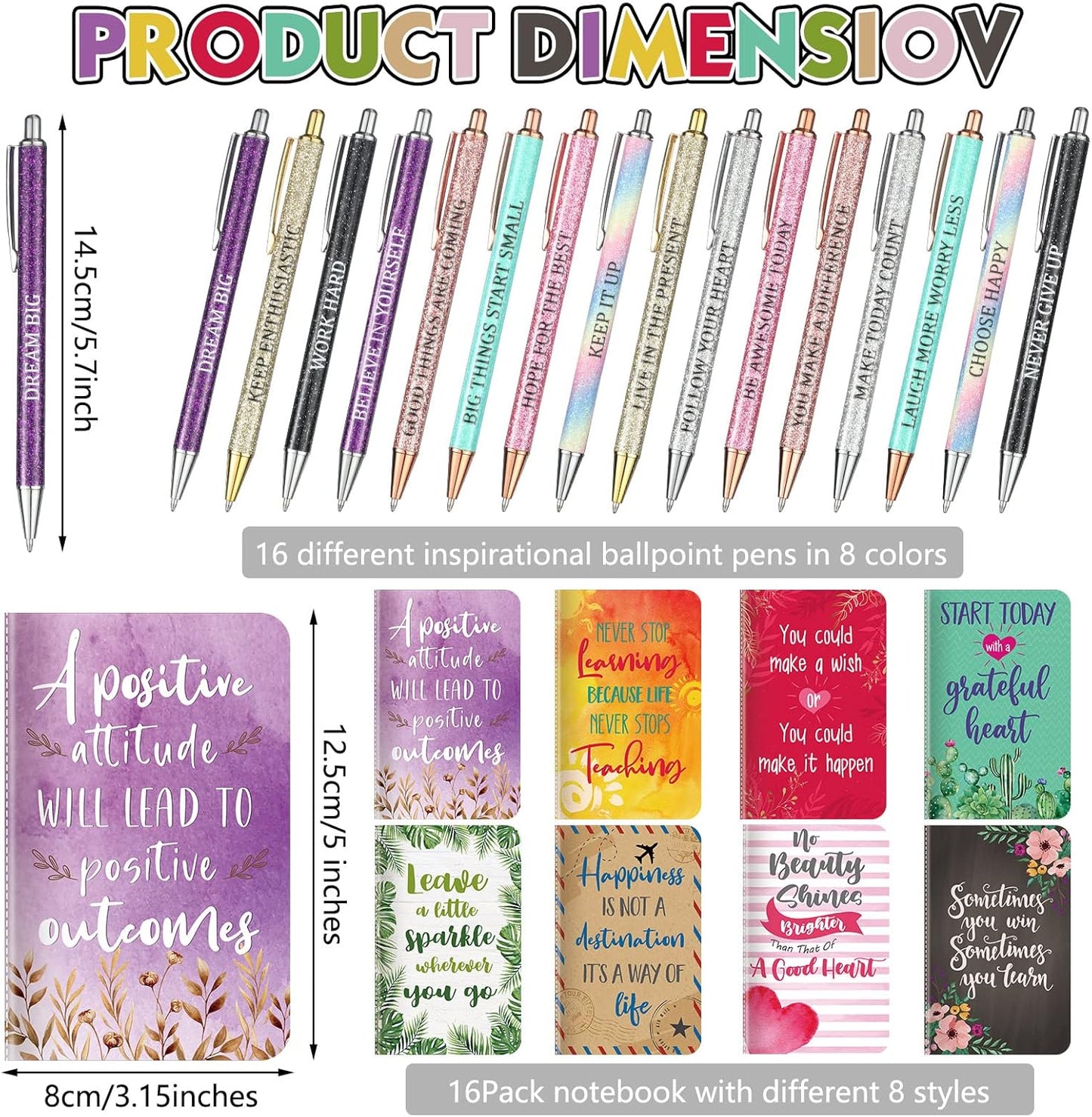 Funrous 32 Pcs Motivational Quote Pens Inspirational Notepads Mini Journal with Ballpoint Pen Small Notebooks Gift for Men Women Coworker Adult Party Favors Prize Teacher Student Office(Stylish)