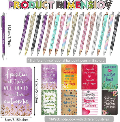 Funrous 32 Pcs Motivational Quote Pens Inspirational Notepads Mini Journal with Ballpoint Pen Small Notebooks Gift for Men Women Coworker Adult Party Favors Prize Teacher Student Office(Stylish)