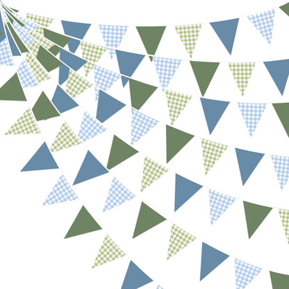 32Ft Dusty Blue Party Decorations Retro Blue Gingham Triangle Banner Flag Pennant Fabric Garland Streamers for Nautical Wedding Birthday Ahoy Achor Bridal Baby Shower Under The Sea Decor Supplies