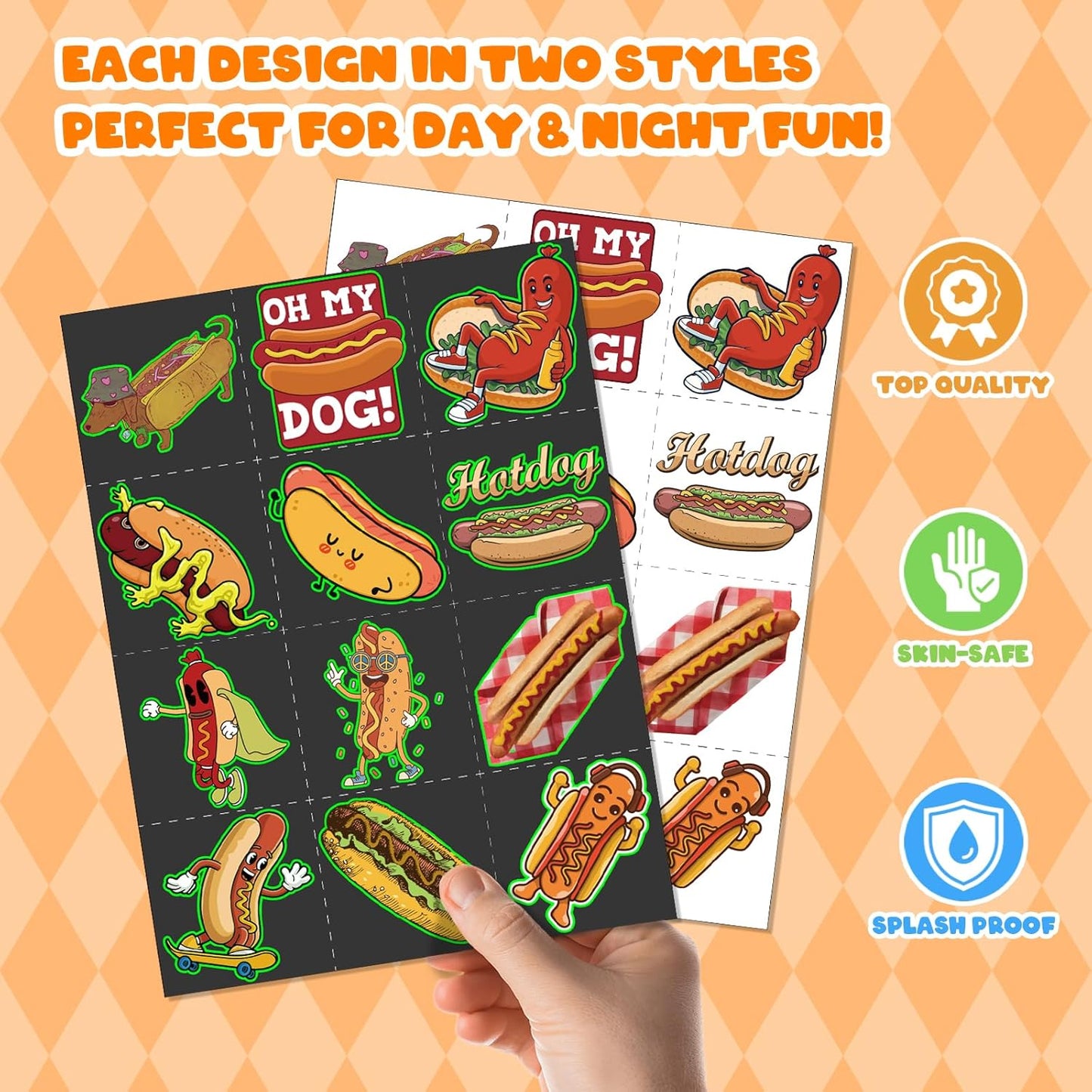 96 PCS Hot Dog Party Favors Set – 72 Pre-Cut Temporary Tattoos & 24 Slap Bracelets for Kids, Perfect for Food-Themed Birthday Parties, BBQ Celebrations & Classroom Rewards