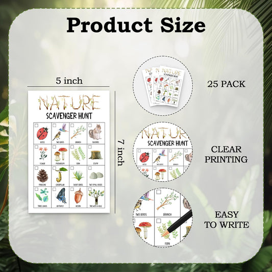 Nature Scavenger Hunt Games for Kids, Toddler Scavenger Hunt Cards, Scavenger Hunt for Adults, Hiking Camping Birthday Treasure Hunt Game, 25 Cards (A03), White