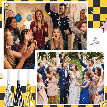 Sumind 24 Pcs Gold Noise Makers Metallic Fringed Party Blowers Horns Whistles Noisemakers Party Favors for Adults Birthday Graduation Sporting Events Celebration Surprise Supplies