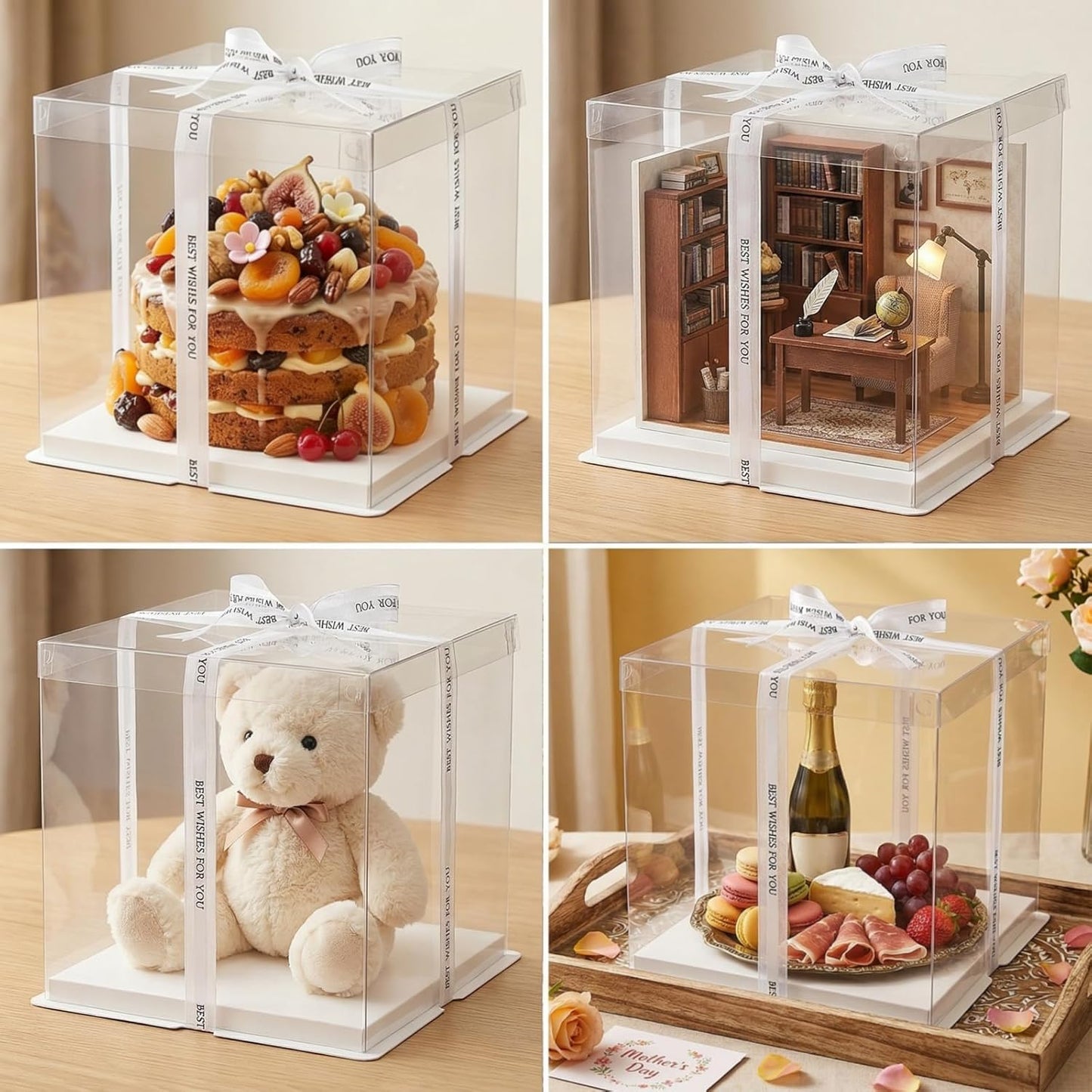 Cididu 6 Pcs Clear Cake Box with Ribbon, 2-Layer Tall Cake Packaging Boxes 8x8x9 Inch, PET Cake Carrier Transport Container for Tiered Cakes, Transparent Gift Display Boxes with Lid for Birthday Party