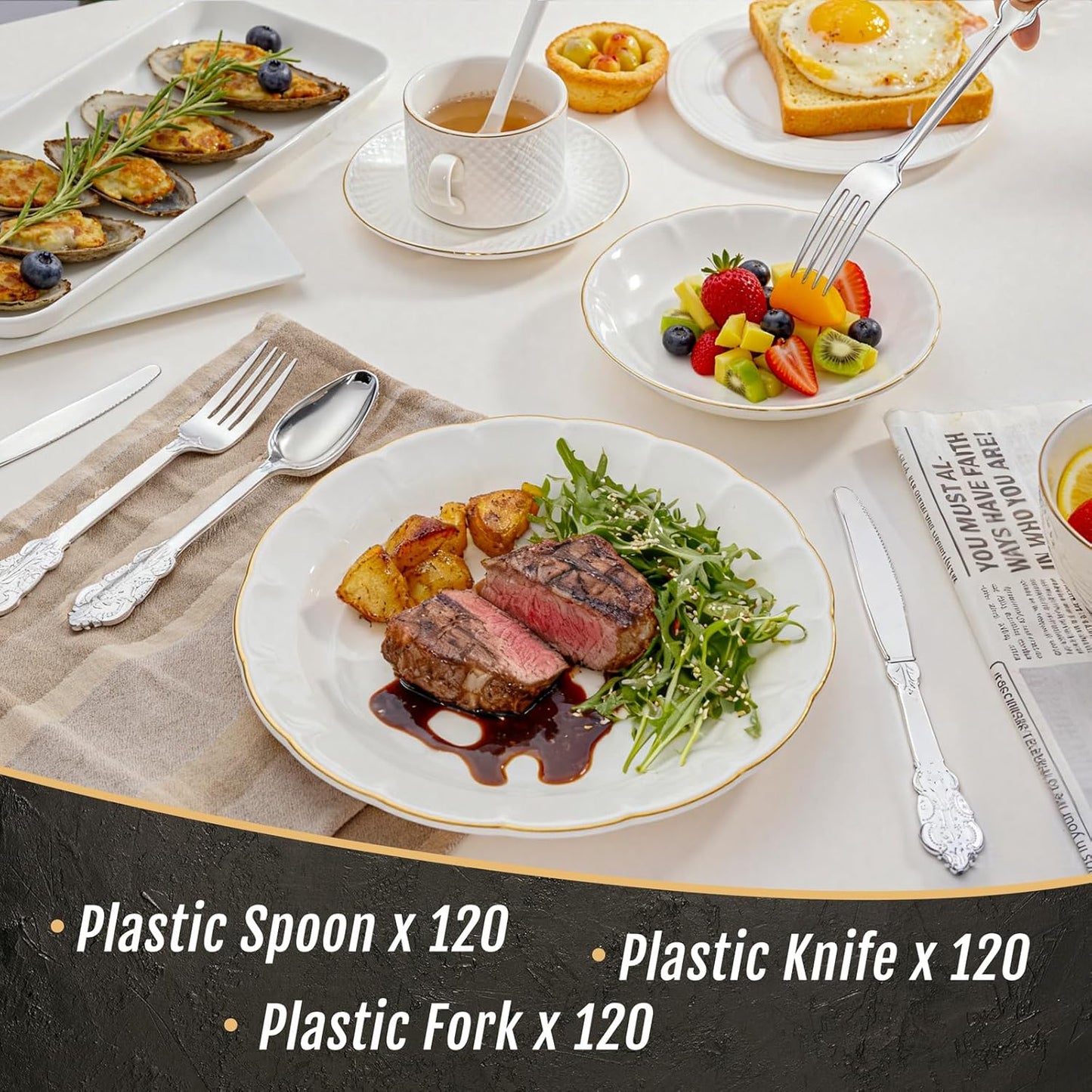 WDF300 Pieces Gold Plastic Silverware - Heavy Duty Disposable Cutlery Set Plastic Gold Silverware Set Includes 100 Forks, 100 Spoons, 100 Knives for Party Baby Shower Wedding Spring