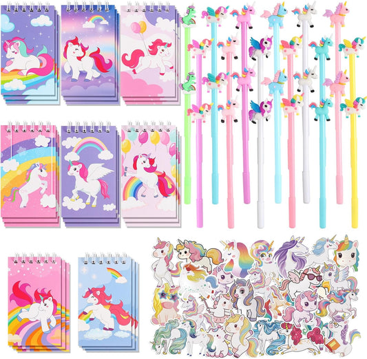 LiYiQ 148 Pcs Unicorn Stationery Gifts Return Gifts Bulk Mini Notebooks Pens Stickers Set for Unicorn Themed Birthday Supplies Classroom School Reward Gift Prizes Goodie Bags Stuffers