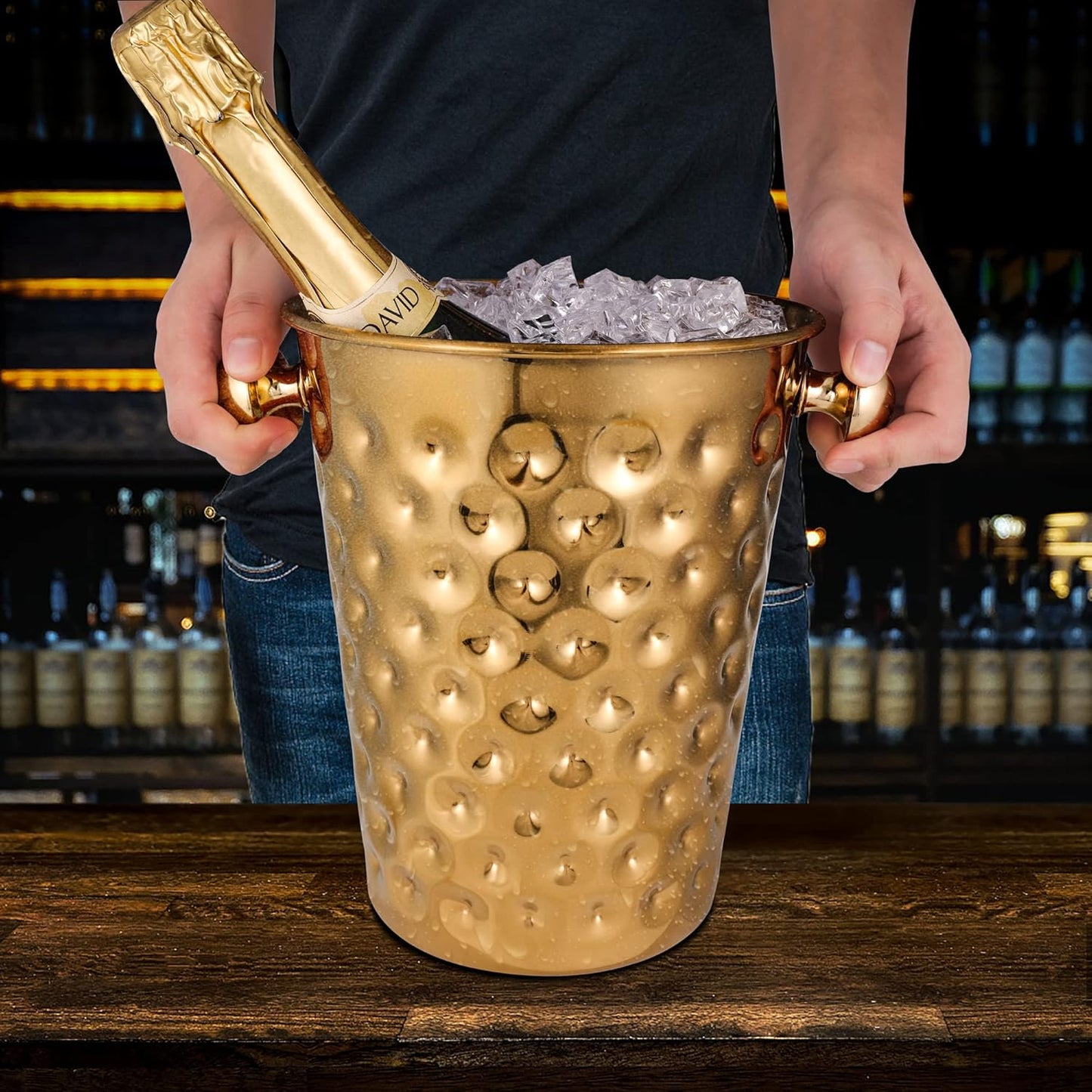 BARsics 5-Quart Metal Golden Champagne Bucket, Hammered Mirror Finish Stainless Steel Ice Bucket for Party, Wedding, Banquet (Gold)