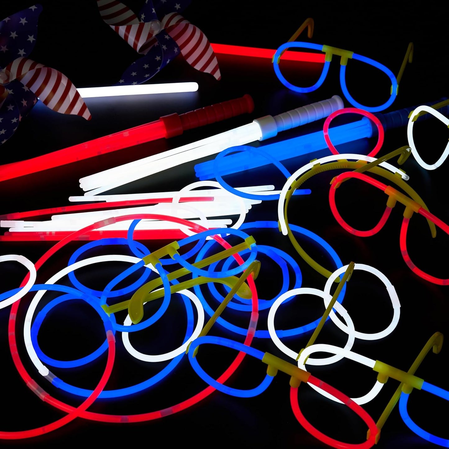 JOYIN 90 PCS July 4th Glow Sticks Set, Red White Blue Patriotic Glow Sticks with Connectors, Glow in the Dark Pinwheels Wands, Headbands & Glasses Party Favors for Independence Day Accessory Decor