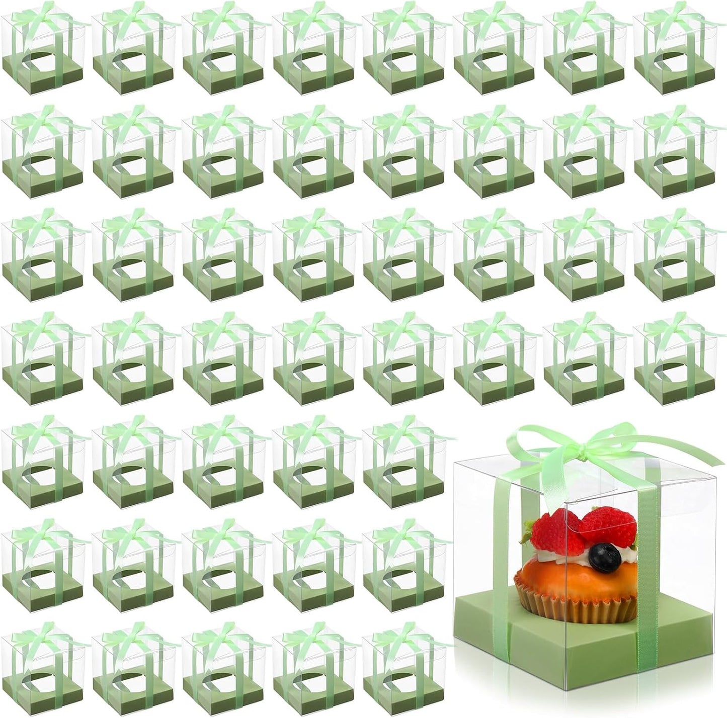 Thenshop 50 Pcs Clear Cupcake Boxes Individual 3.5 Inch Plastic Single Cupcake Containers Boxes with Inserts and Ribbon Individual Cake Storage Holders for Cake Kitchen(Dark Blue)