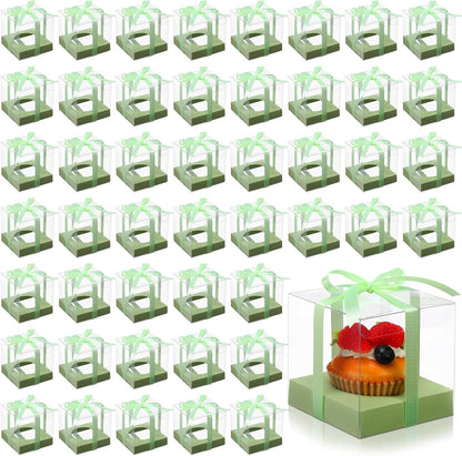 Thenshop 50 Pcs Clear Cupcake Boxes Individual 3.5 Inch Plastic Single Cupcake Containers Boxes with Inserts and Ribbon Individual Cake Storage Holders for Cake Kitchen(Dark Blue)