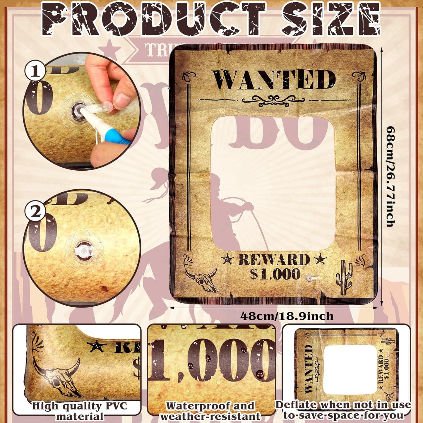VioraWhite Western Wanted Party Decorations Western Wanted Photo Frame 27 Inches Fun Inflatable Photo Frame 3D Wild West Selfie Backdrop for Cowboy Theme Events Cowboy Birthday Party