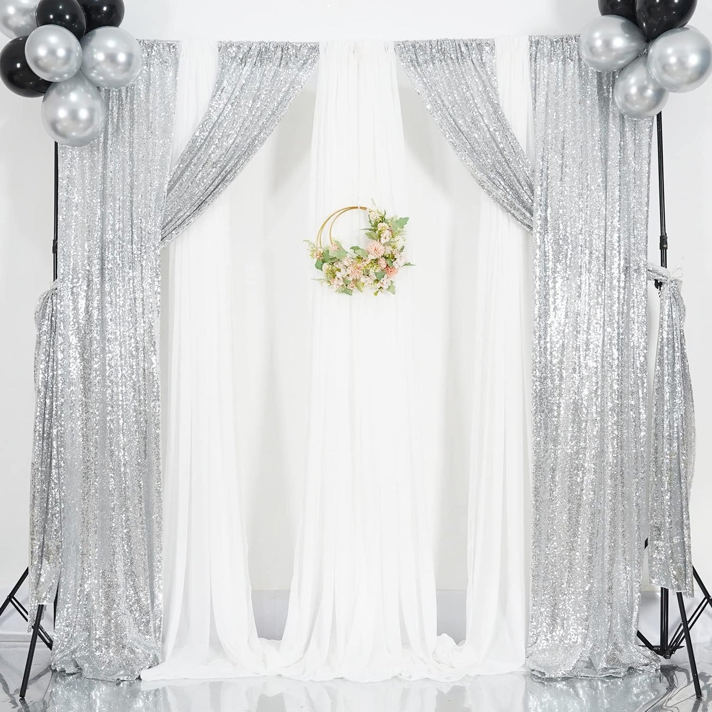 Poise3EHome Black Sequin Backdrop Curtains, 2 Panels 2FTx8FT Glitter Photo Booth Backdrop for Halloween Birthday Bachelorette Wednesday Twilight Party Decorations