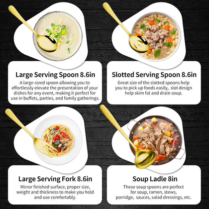 Gisly Gold 12 Pieces Serving Utensils Include Large Serving Spoons,Slotted Serving Spoons,Serving Forks,Serving Tongs,Appetizers Tongs,Soup Ladle and Pie Cake Server for Buffet Catering