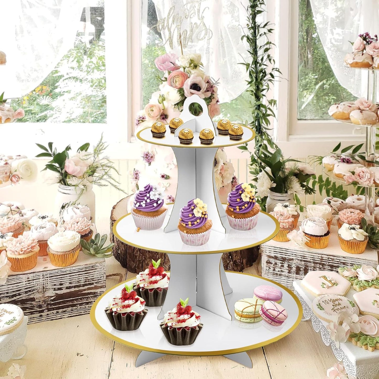 Soleebee 3-Tier Round Cupcake Stand, Cardboard Cupcake Tower, Dessert Cup Cake Stand Tower for Birthday Wedding Party Decoration, Cupcake Tier Stand 1 Set (Hot Pink)