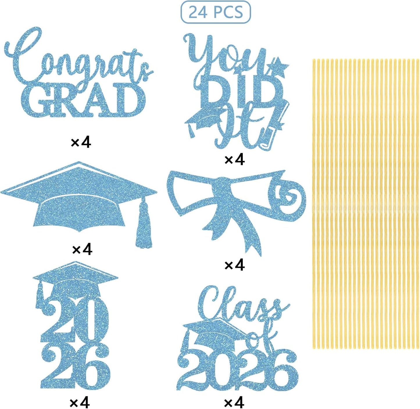 Graduation Centerpiece Sticks 24PCS Glitter Grad Picks Party Table Decor Senior High School College Sign Gold
