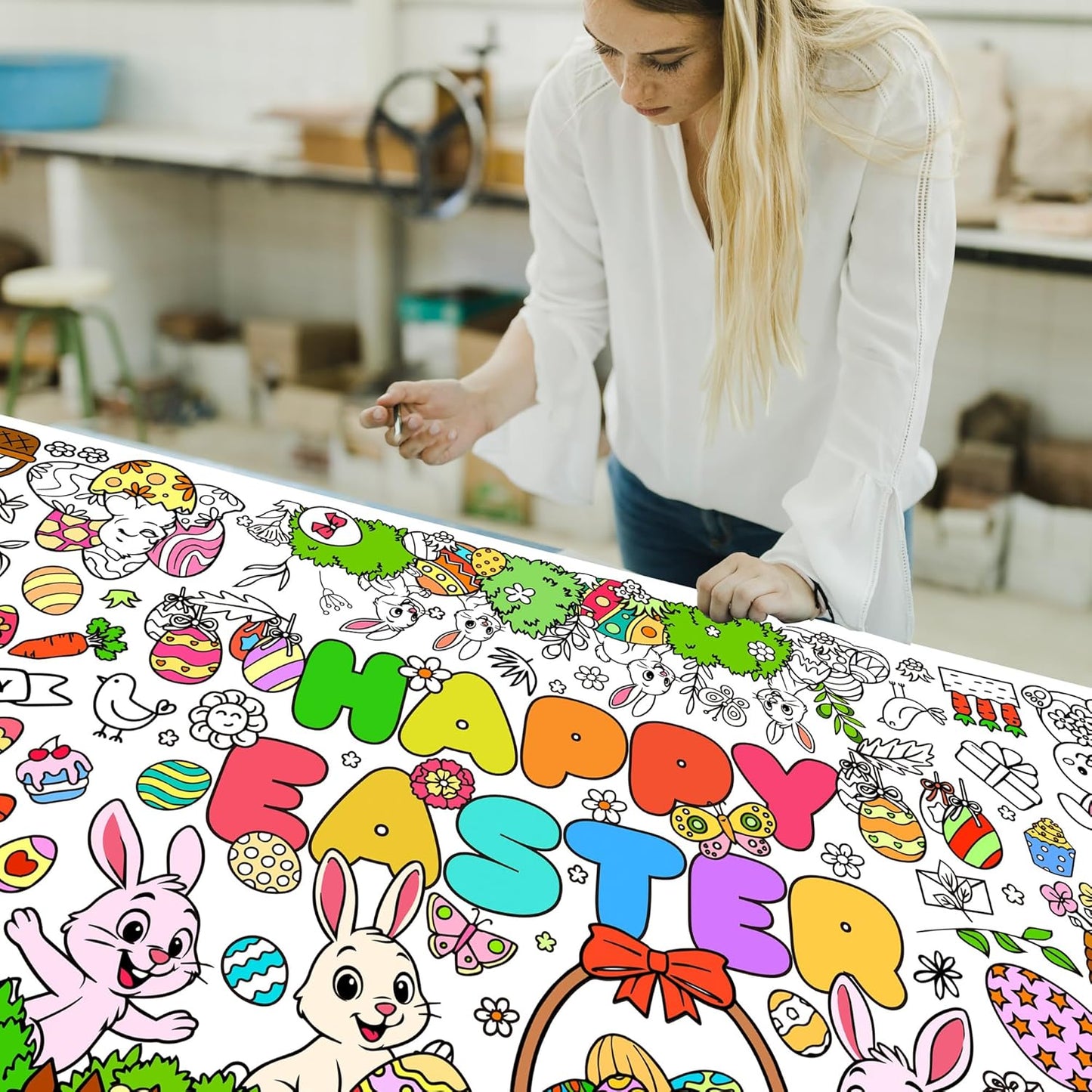 Easter Coloring Poster for Kids 30x72 Inch Bunny Giant Coloring Tablecloth Happy Easter Crafts Paper Table Cover for Gifts Activities Games Classroom Wall School Home Parties