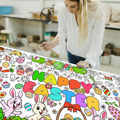 Easter Coloring Poster for Kids 30x72 Inch Bunny Giant Coloring Tablecloth Happy Easter Crafts Paper Table Cover for Gifts Activities Games Classroom Wall School Home Parties