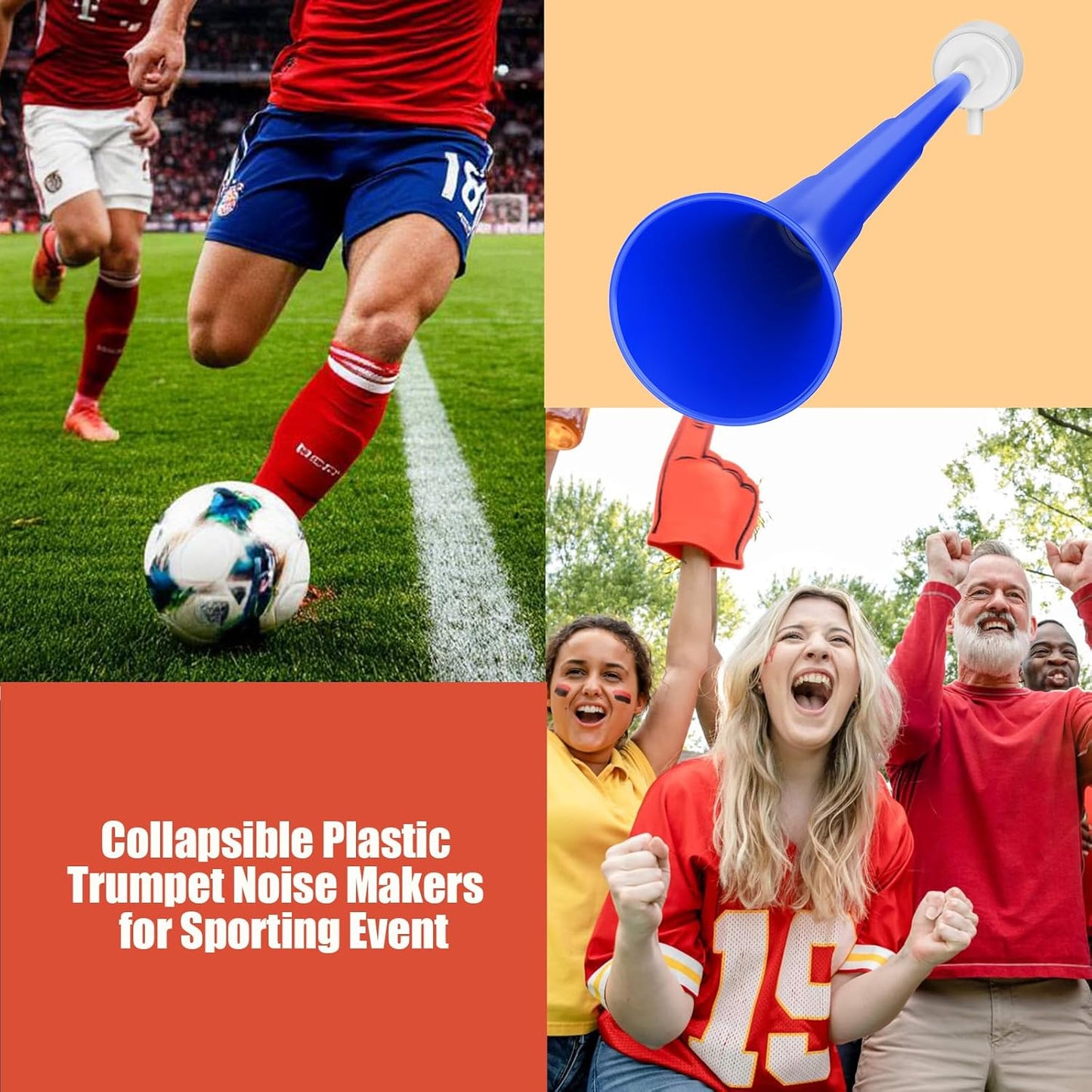 Collapsible Stadium Horn, Vuvuzela Plastic Blow Horns, Team Cheering Spirit Accessories Noisemakers, Foldable Trumpet Noise Makers for Sporting Events, Football Soccer Games, School Party Supply