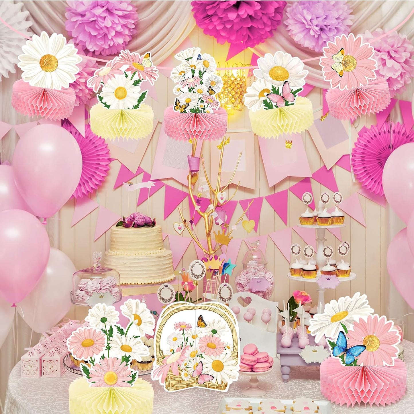 Hotop 9 Pcs Daisy Flower Birthday Party Decorations Daisy Butterfly Honeycomb Centerpieces 3D Daisy Centerpieces for Tables Pink Daisy Table Toppers Boho Groovy Party Decorations Girl Baby Shower