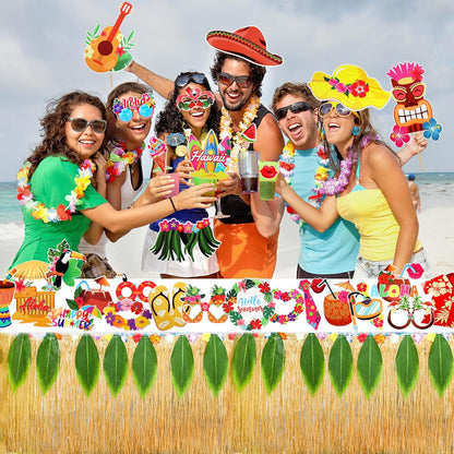 HOWAF 30 PCS Hawaiian Luau Photo Booth Props Kit, Inflatable Luau Selfie Frame and Hawaiian Tropical Funny Photo Props for Summer Tropical Beach Pool Birthday Party Decoration Supplies Tiki Party