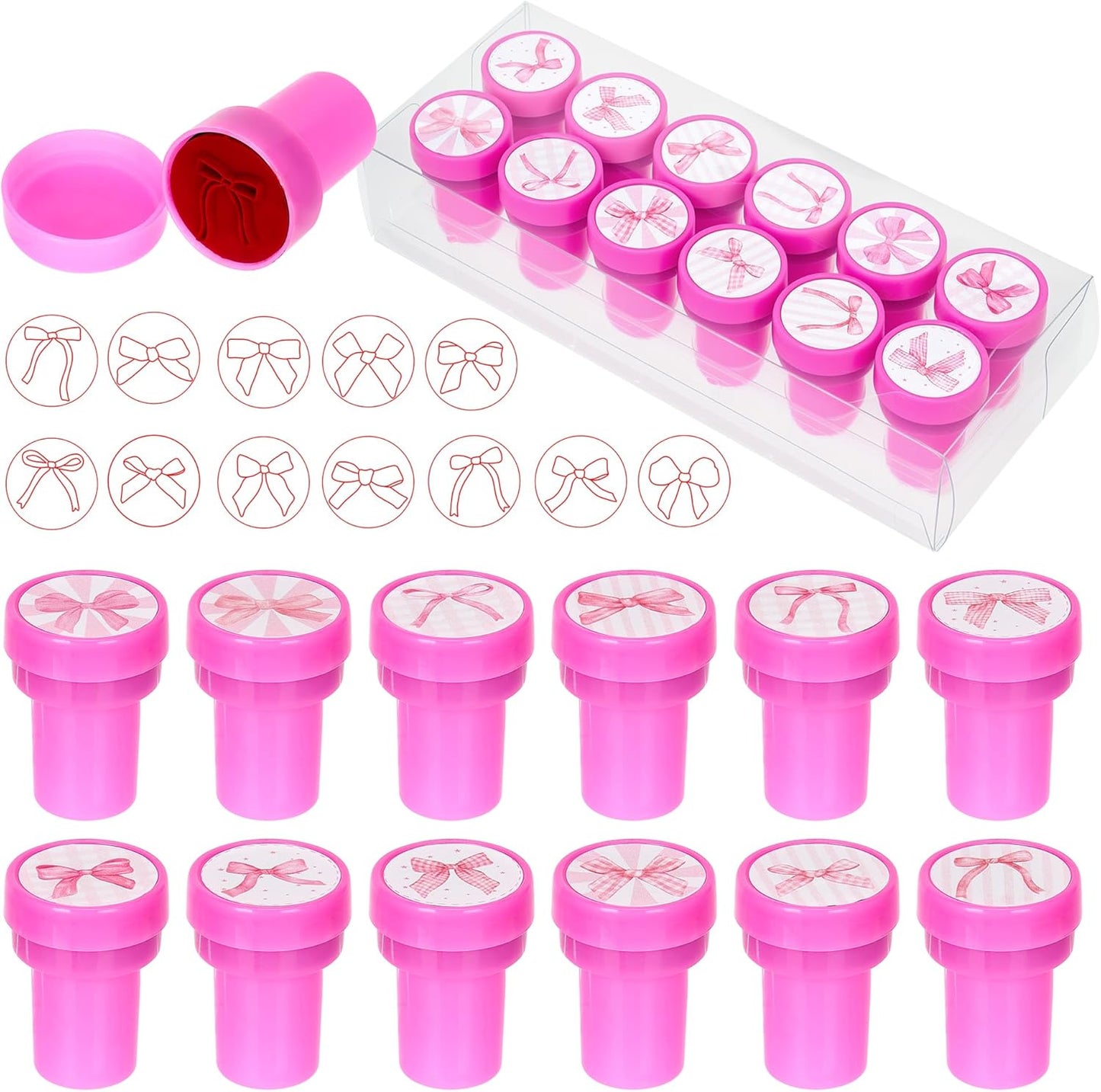 24-Pack Pink Bow Stampers – Pre-Inked Decorative Stamp Set for Coquette Birthday Favors, Event Giveaways, Scrapbooking & DIY Craft Projects
