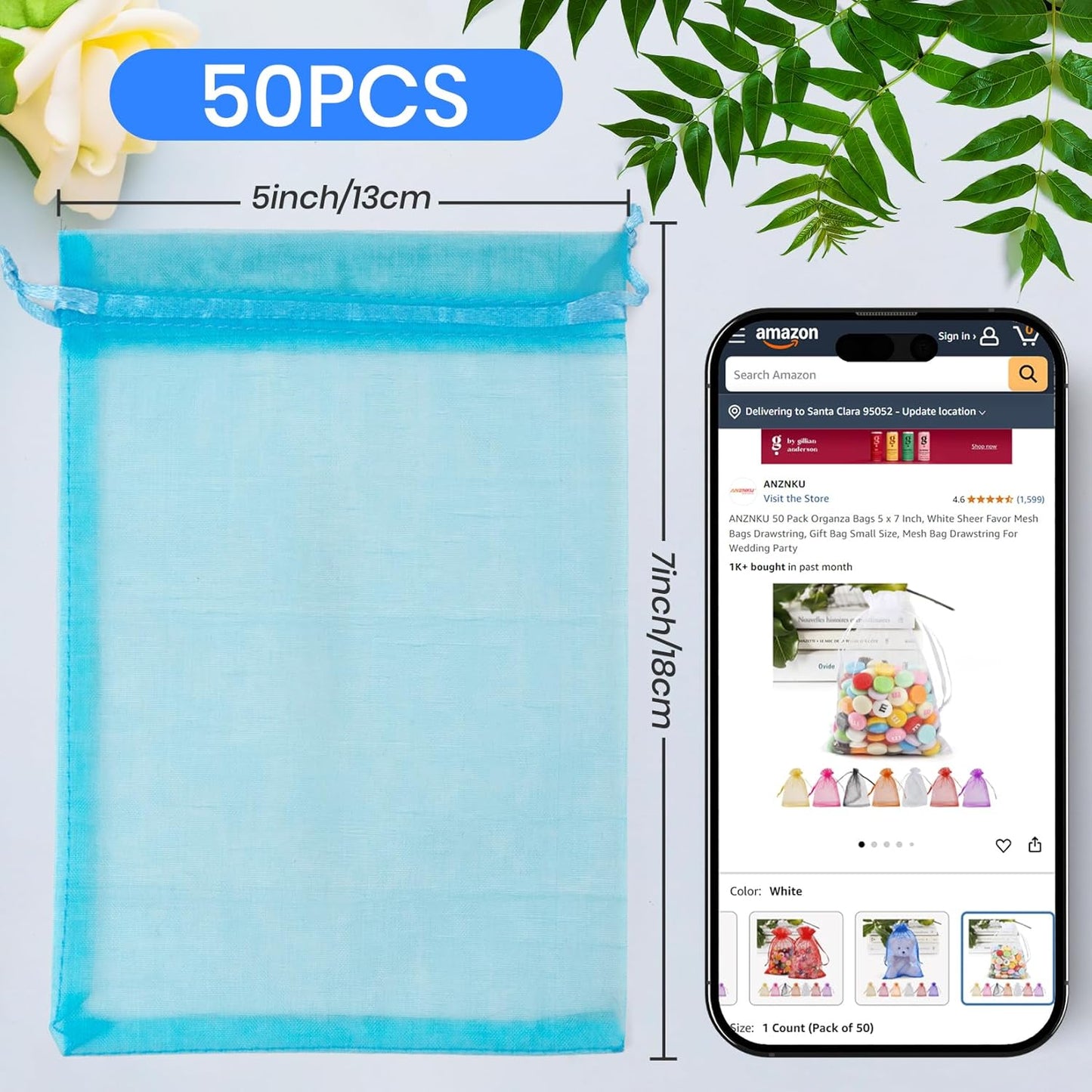 ANZNKU 50 Pack Organza Bags 5 x 7 in White Small Mesh Gift Bags Bulk Drawstring for Wedding Party Favors, Little Goodie Bag for Candy Jewelry Soap Makeup, Treat Sachet Pouch for Mothers Gifts Wrap