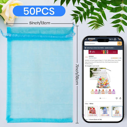 ANZNKU 50 Pack Organza Bags 5 x 7 in White Small Mesh Gift Bags Bulk Drawstring for Wedding Party Favors, Little Goodie Bag for Candy Jewelry Soap Makeup, Treat Sachet Pouch for Mothers Gifts Wrap