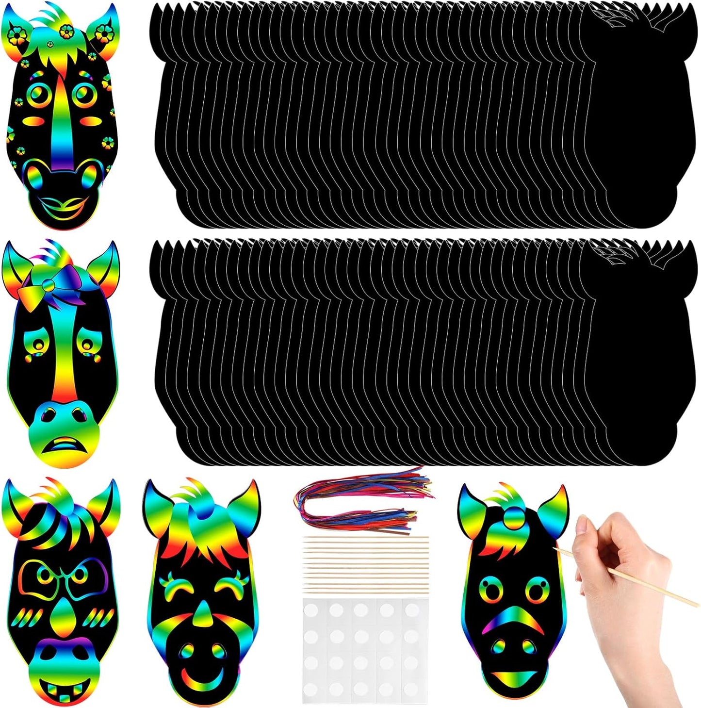 Hungdao 80 Pcs Horse Craft Horse Face Scratch Cards Colorful Rainbow Western Cowboy Scratch Paper Art with Wooden Stylus for DIY Western Theme Birthday PartyActivities