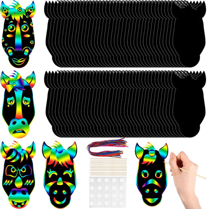 Hungdao 80 Pcs Horse Craft Horse Face Scratch Cards Colorful Rainbow Western Cowboy Scratch Paper Art with Wooden Stylus for DIY Western Theme Birthday PartyActivities