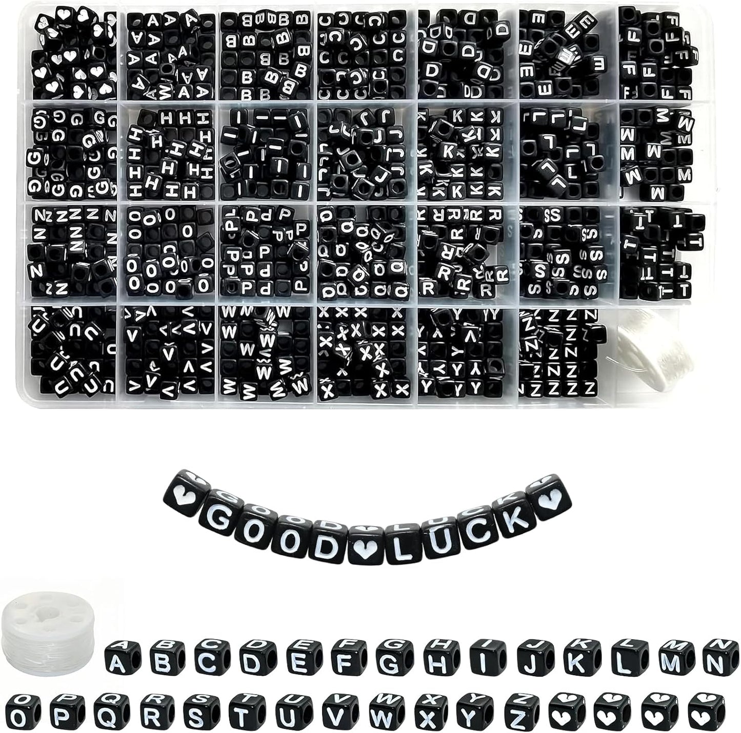Amaney 1400pcs Glow Letter Beads, Heart Beads Whit Elastic Beading Cord,4x7mm Round Acrylic Alphabet Beads for Friend Bracelet Jewelry Making
