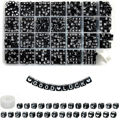 Amaney 1400pcs Glow Letter Beads, Heart Beads Whit Elastic Beading Cord,4x7mm Round Acrylic Alphabet Beads for Friend Bracelet Jewelry Making