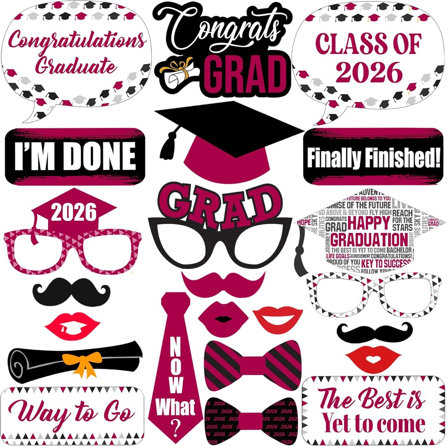 Burgundy Graduation Photo Booth Props 2026 - Pack of 23, Graduation Decorations 2026, Graduation Photo Props for Class of 2026 Decorations, Graduation Props for Photoshoot 2026 -KatchOn