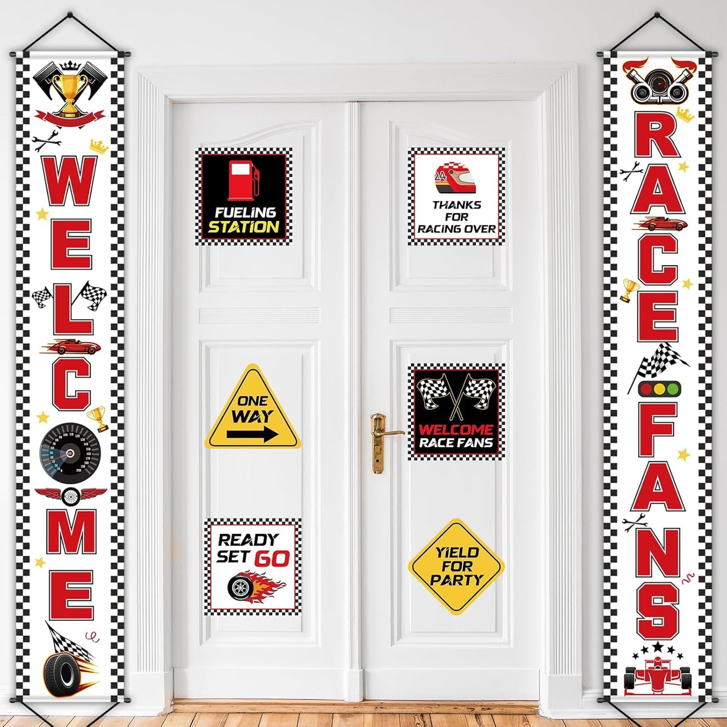 Race Car Birthday Party Banner Checkered Flags 9 Cars Party Signs for Car Birthday Party Decoration Set Racing Fans Welcome Porch Sign for Boys Let's Go Racing Party Supplies for Kids Race Fans