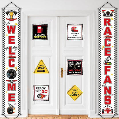 Race Car Birthday Party Banner Checkered Flags 9 Cars Party Signs for Car Birthday Party Decoration Set Racing Fans Welcome Porch Sign for Boys Let's Go Racing Party Supplies for Kids Race Fans