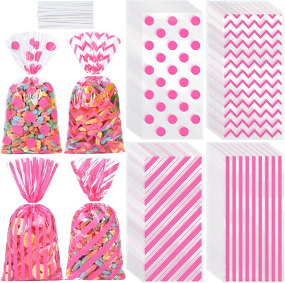 Aodaer 100 Pieces 10.6 x 5.1 In White Cellophane Bags Plastic Candy Gift Bag Cellophane Treat Bags with Twist Ties Stripes Polka Dot Printed Pattern Goodie Bag for Birthday Weddings Party Favors