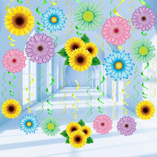 KALEFO 30PCS Spring Summer Hanging Decorations Set Sun Flowers Autumn Daisy Fairy Birthday Party Decor Mothers Day Easter Daisies Ceiling Home Decor Swirls Classroom Baby Shower