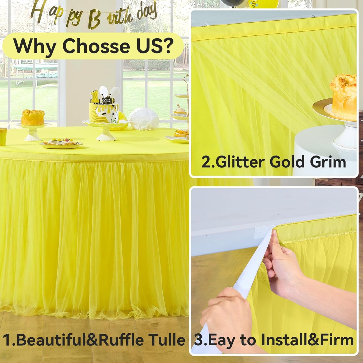 72inch Champagne Gold Tulle Table Skirts for Rectangle Round Tables, Gold Grim Ruffle Tulle Tutu Cloth Table Skirt 6ft for Wedding Birthday Party Cake Dessert Decor(No Top Cover)
