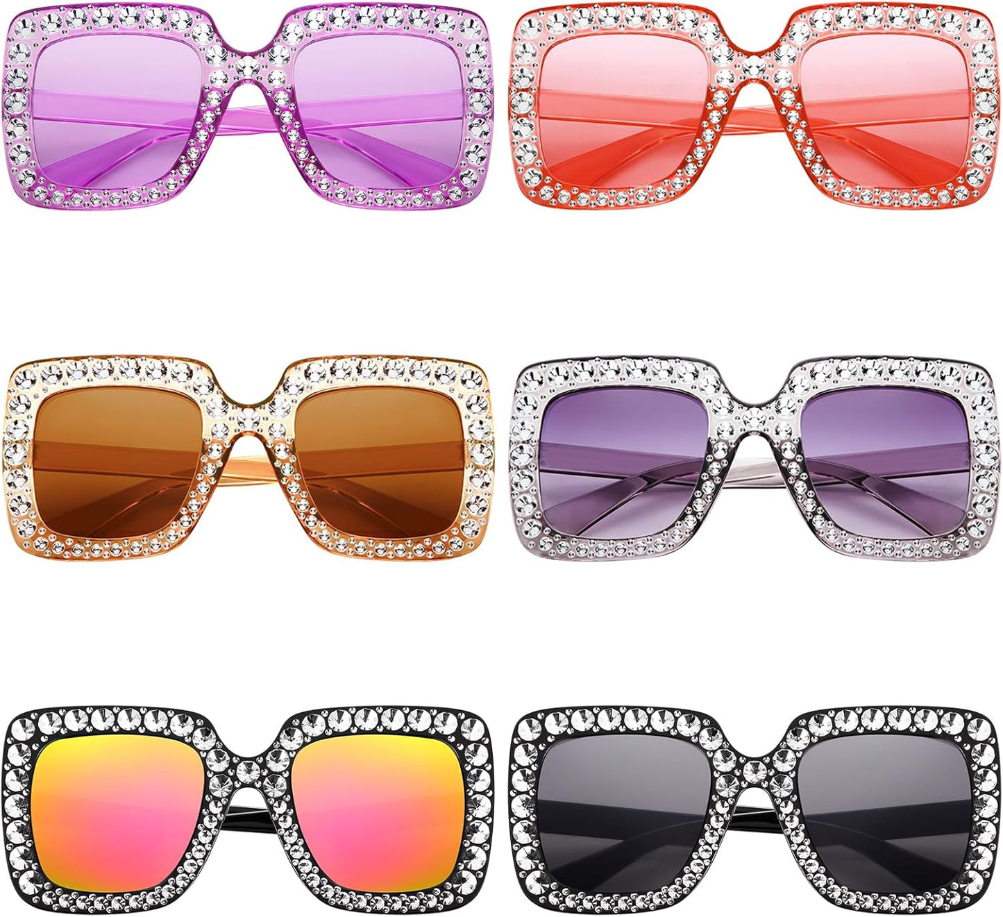 Frienda 6 Pairs Rhinestone Oversized Square Sunglasses 70s Women Dazzled Sunglasses for Disco Party Concert Photo Props
