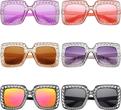 Frienda 6 Pairs Rhinestone Oversized Square Sunglasses 70s Women Dazzled Sunglasses for Disco Party Concert Photo Props