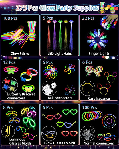 275 PCS Glow in the Dark Party Supplies for Kids Adults, Light Up Party Favors, Glow Sticks Bulk Party Pack Bracelets Finger Lights Glasses Headband LED Light Hair Wedding Birthday New Year Halloween