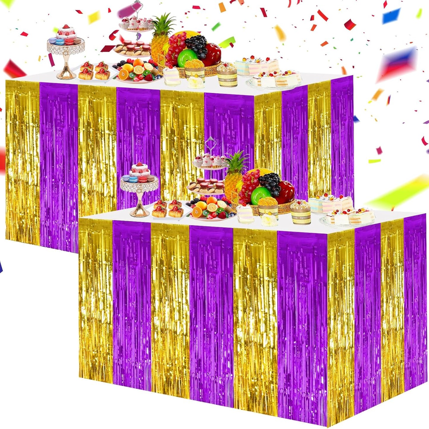 BEISHIDA 2 Pack Metallic Tinsel Foil Fringe Table Skirts for Rectangle & Round Tables Hot Pink Kids' Birthday, Holiday Cartoon Party Decorations for Birthday Valentines Baby Shower Festive Events