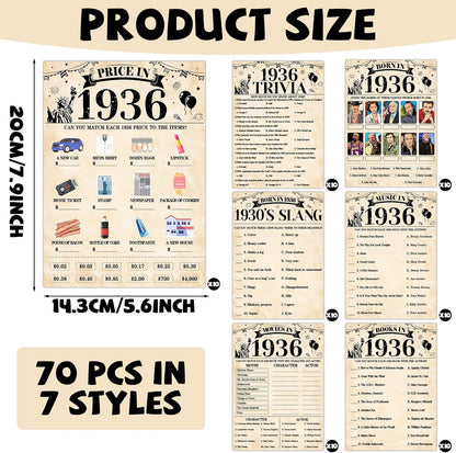 70Pcs 70th Birthday Party Games Born In 1956 Fun 1956 Trivia Music Slang Books Game Double-Sided Game Cards Vintage 70th Birthday Party Supplies for 70 Year Old Activity Anniversary Class Reunion
