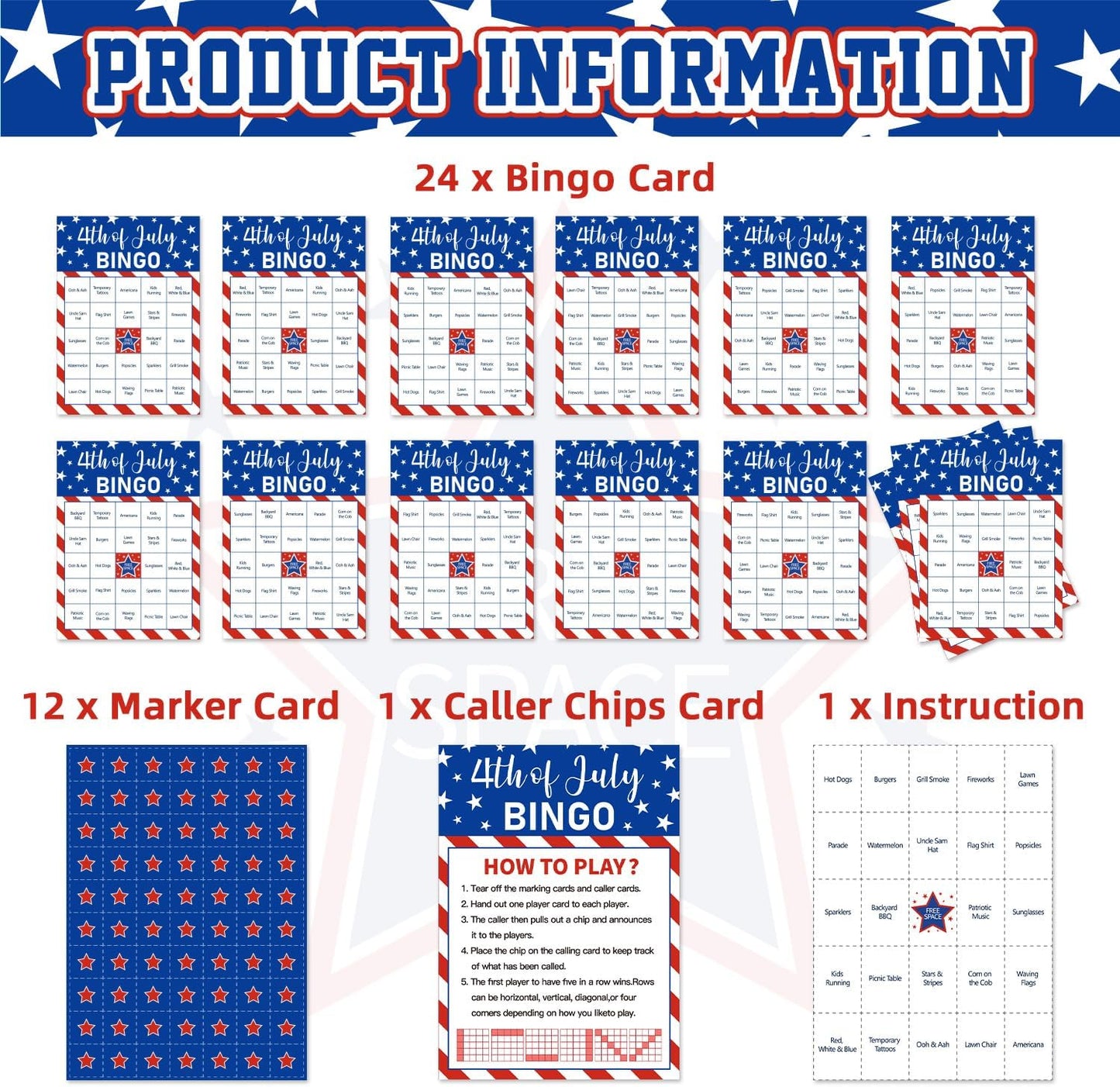 4th of July Bingo Game Set for 24 - Patriotic Party Activities, Independence Day Games for Family Reunion, School & Classroom Decorations – 5" x 7" Cards