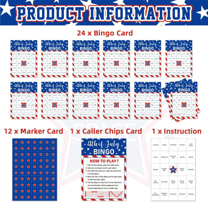 4th of July Bingo Game Set for 24 - Patriotic Party Activities, Independence Day Games for Family Reunion, School & Classroom Decorations – 5" x 7" Cards