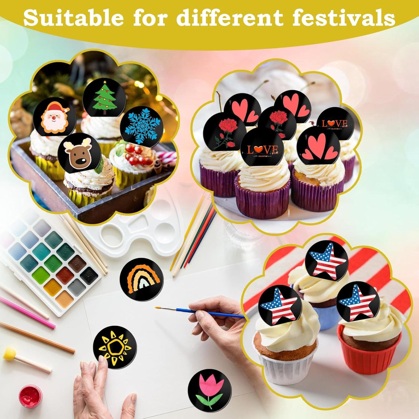 20pcs Gold Mirror Acrylic Happy Birthday Cupcake Toppers Round Engraved Cake Picks Happy Birthday Cake Toppers for DIY Birthday Gift Flower Bouquet Pastries Desserts Decor