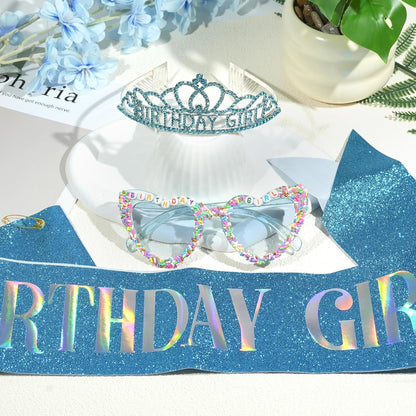 3Pcs Birthday Girl Sash Headband Set-Birthday Sash Tiara and Crown Sunglasses for Girls Women