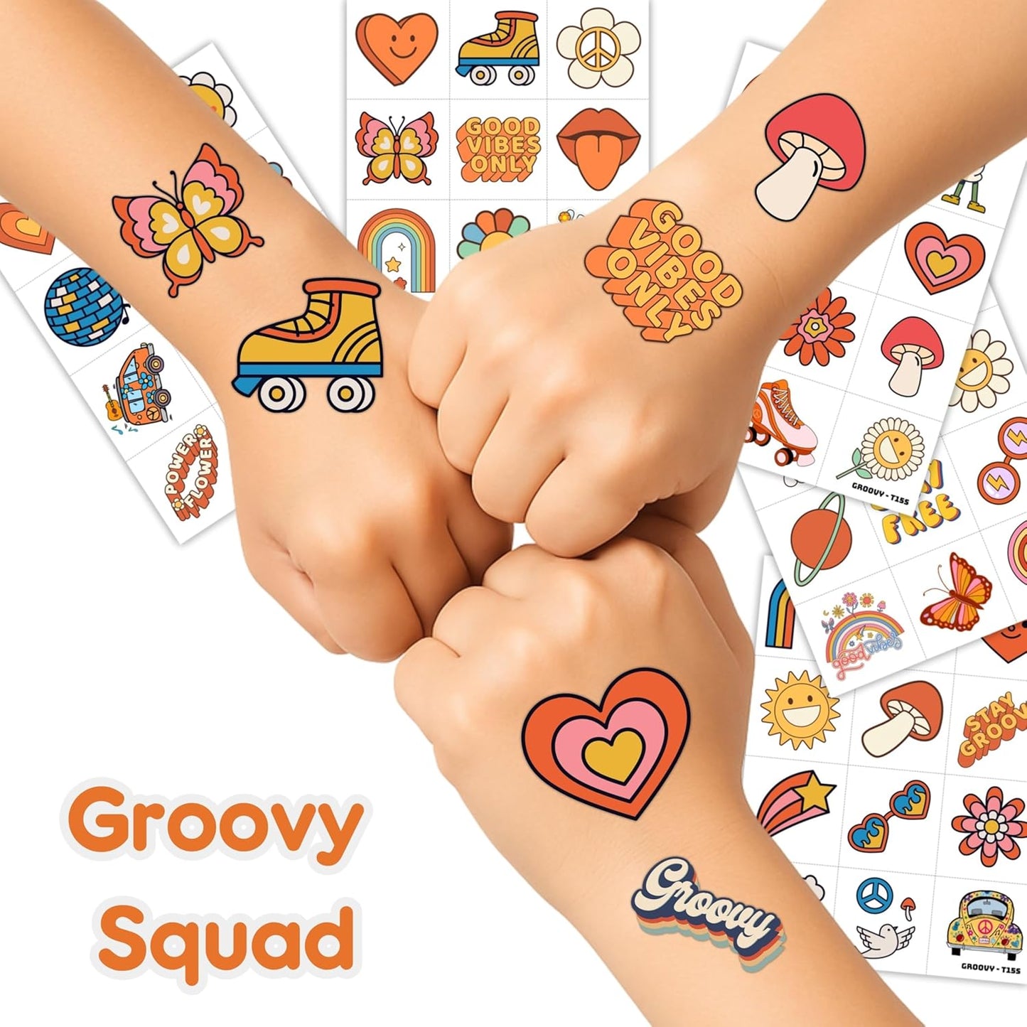 60PCS Groovy Temporary Tattoos for Kids | Pre-Cut Cute Retro Hippie Fake Tattoos, Birthday Party Favors, Classroom Rewards, Party Supplies for Boys & Girls