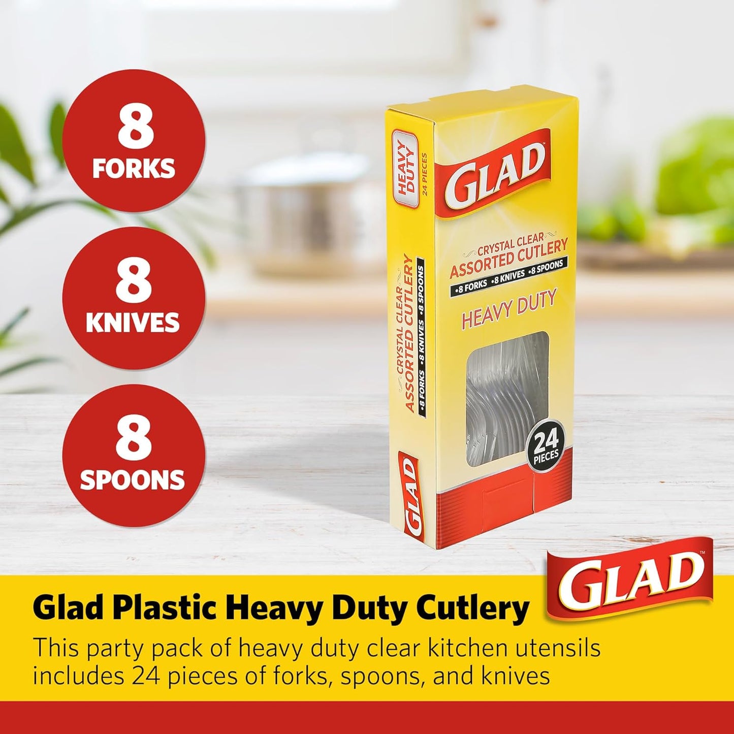 Glad Clear Disposable Cutlery Set with Heavy Duty Plastic Forks, Knives, and Spoons, Reusable Dishwasher Safe Plastic Utensils for Parties and Everyday Use, 240 Count